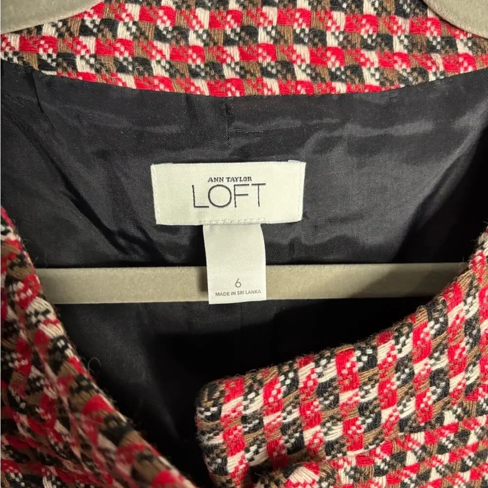 LOFT Red Black Plaid Tweed Button Front Blazer 6